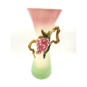 MCM Hull Pottery Tokay Grapes 12" Pink & Green Vase Twisted Grape Vine Handles